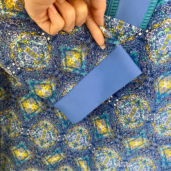 New Cabana Life Shift Dress Blue Yellow SPF 50 V Neck Resort Vacation Large Boho - Picture 4 of 10